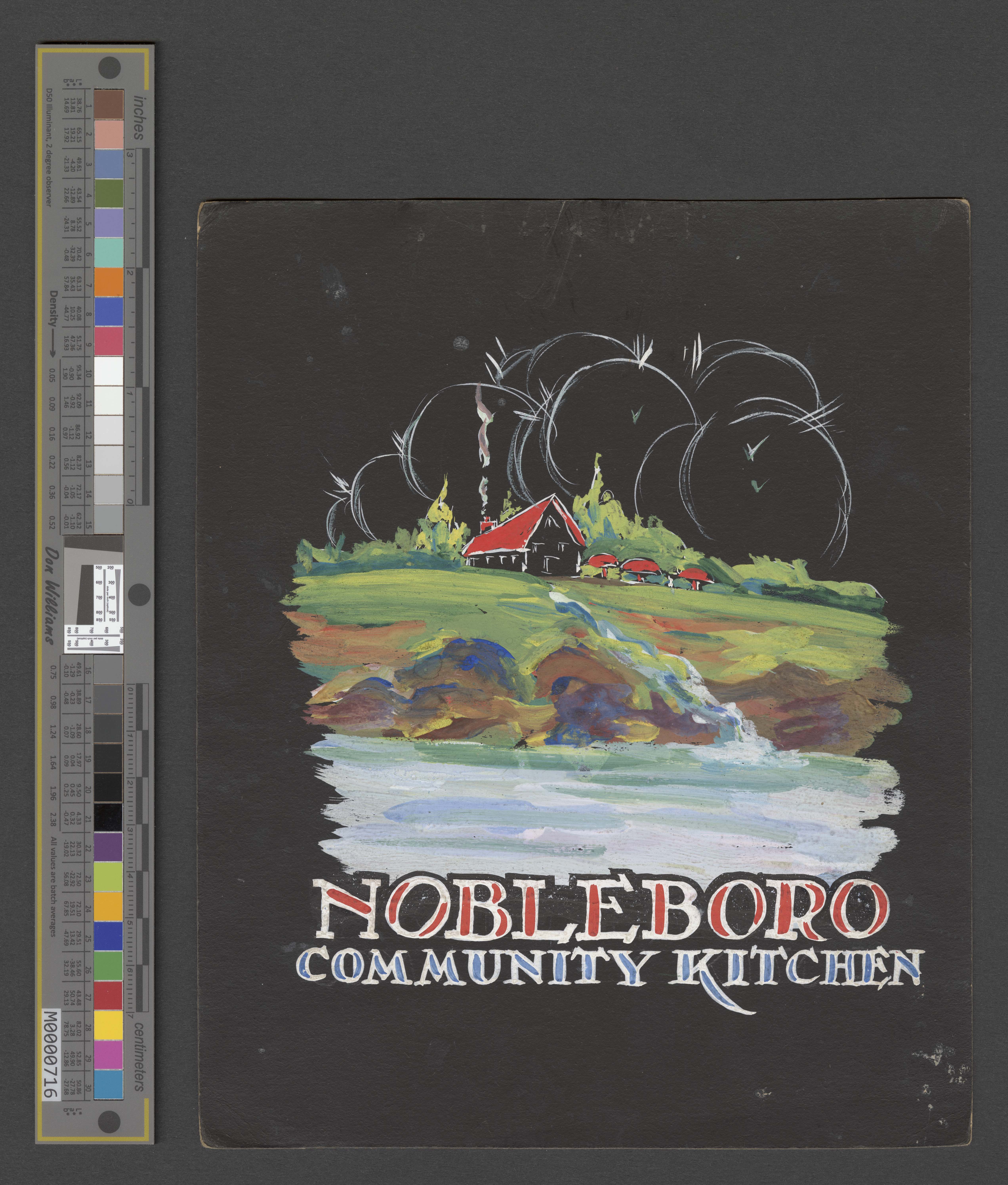 Black paper with color drawing of a black building with a red roof in an idyllic green setting