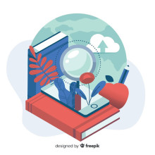 Colorful image of a books, pencil, cloud, plants, and an apple, to represent the concept of online learning.